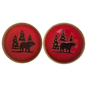 2 Woodland Home Studio Red Dinner Plates Rustic Bear & Pine Tree Design Set 11"